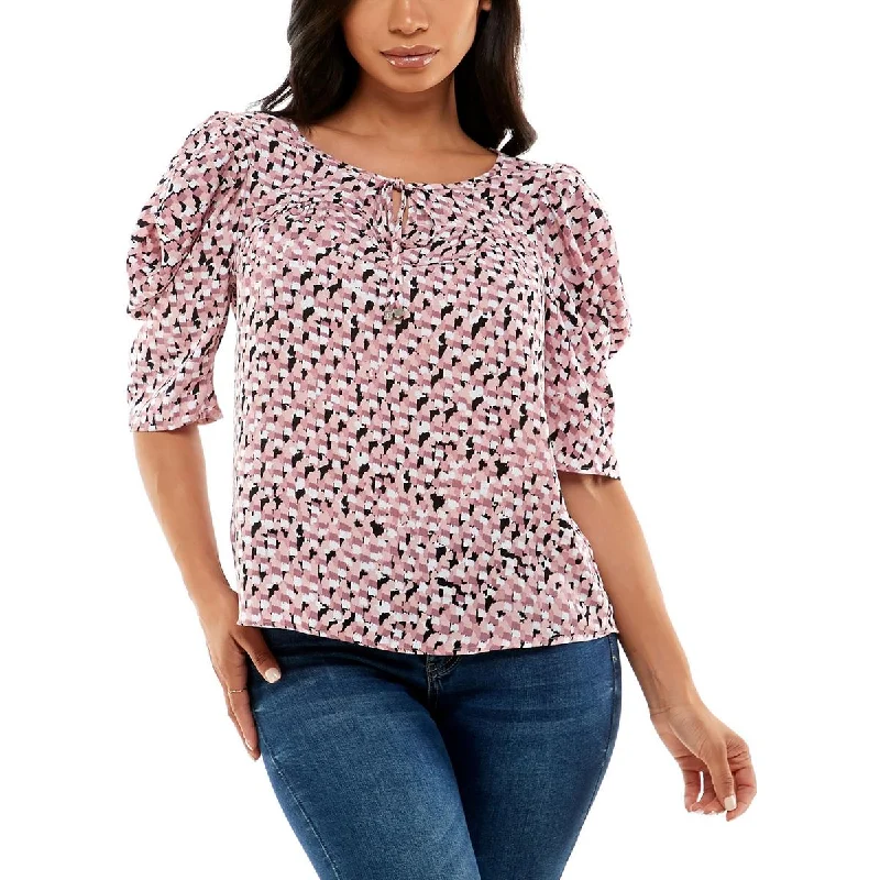 Adrienne Vittadini Womens Tie Neck Puff Sleeve Blouse Elegant Office Blouse