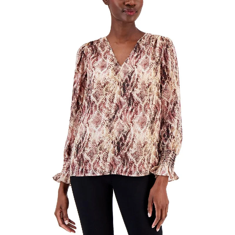 Anne Klein Womens Animal Print Smocked Blouse Feminine Tie Blouse