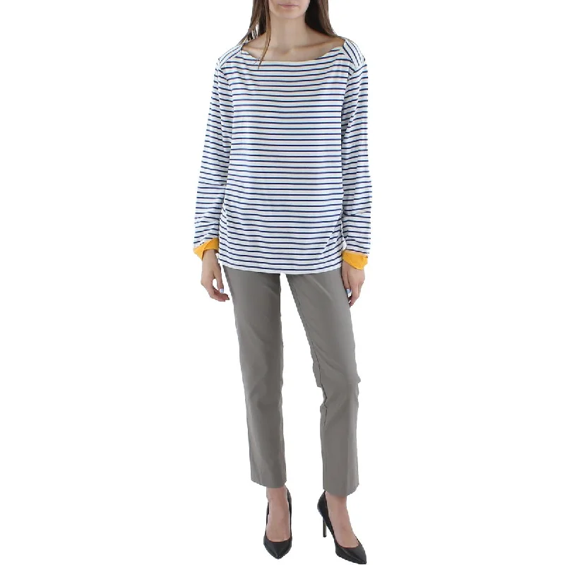 Anne Klein Womens Striped Boat Neck Blouse Delicate Pleat Blouse