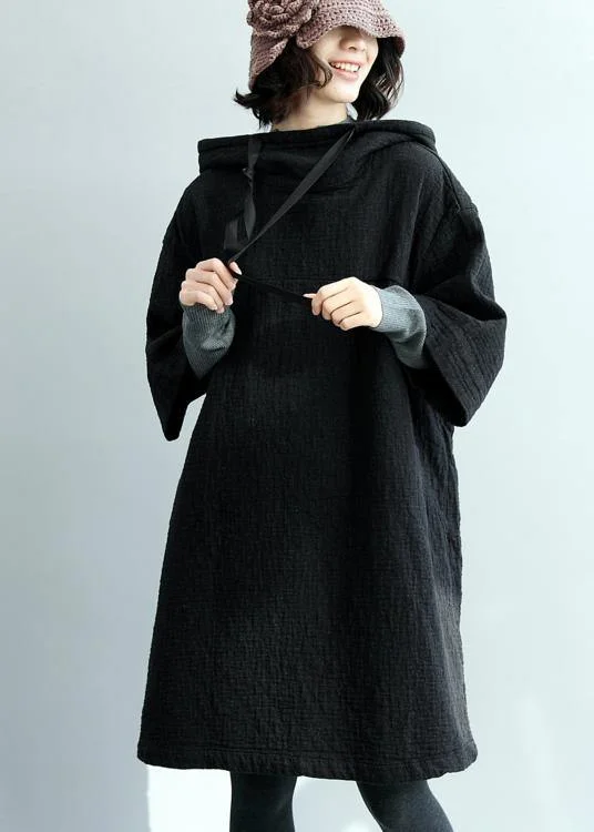 Art hooded pockets fall tunic pattern Tops black blouses Cotton Casual Blouse
