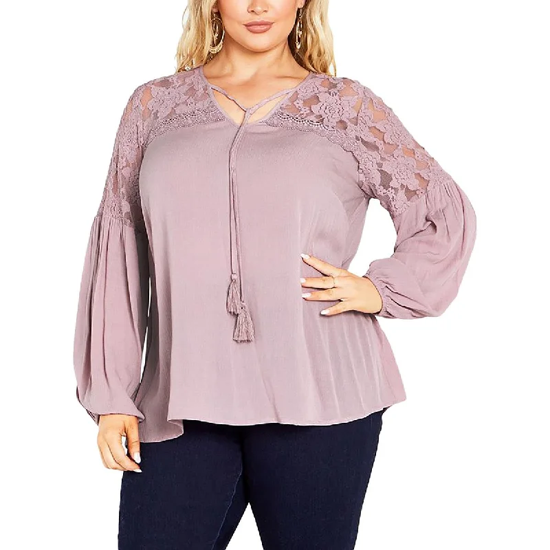 Avenue Womens Plus Marcia Lace Trim Tie Neck Blouse Lightweight Linen Blouse