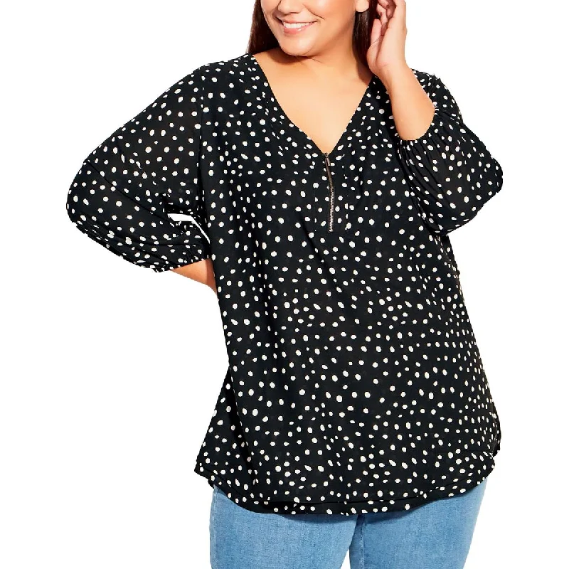 Avenue Womens Plus Polka Dot 1/4 Zip Blouse Casual Button Blouse