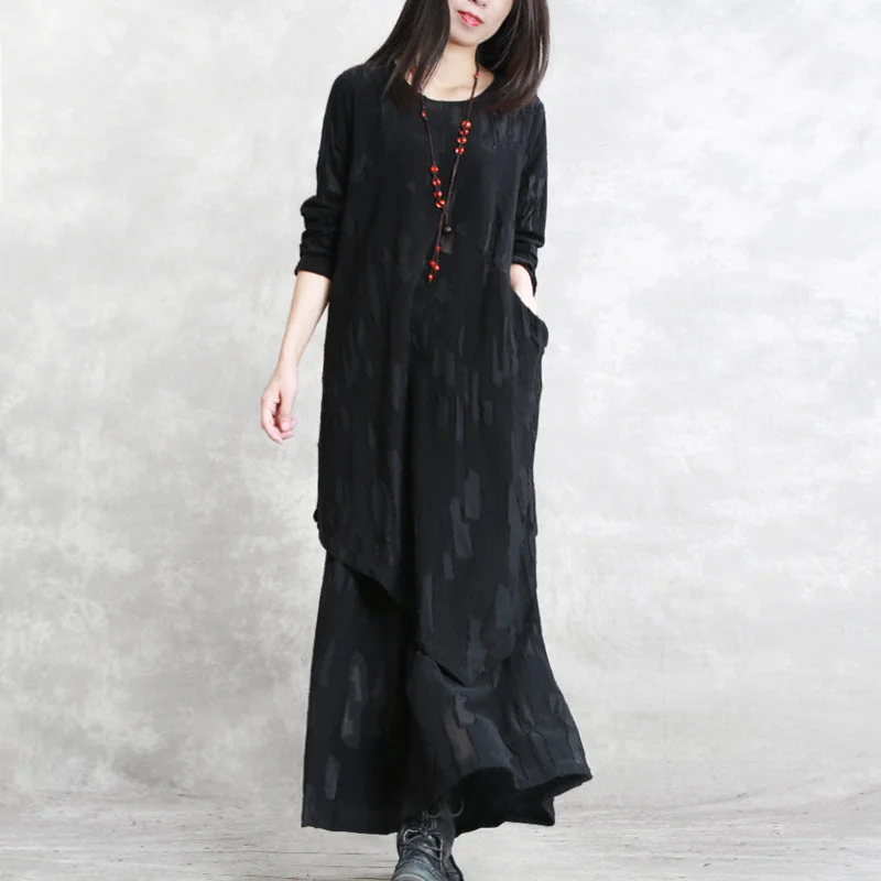 baggy black pure cotton blended blouse plus size two pieces New long sleeve asymmetric o neck Jacquard tops Boho Chic Blouse