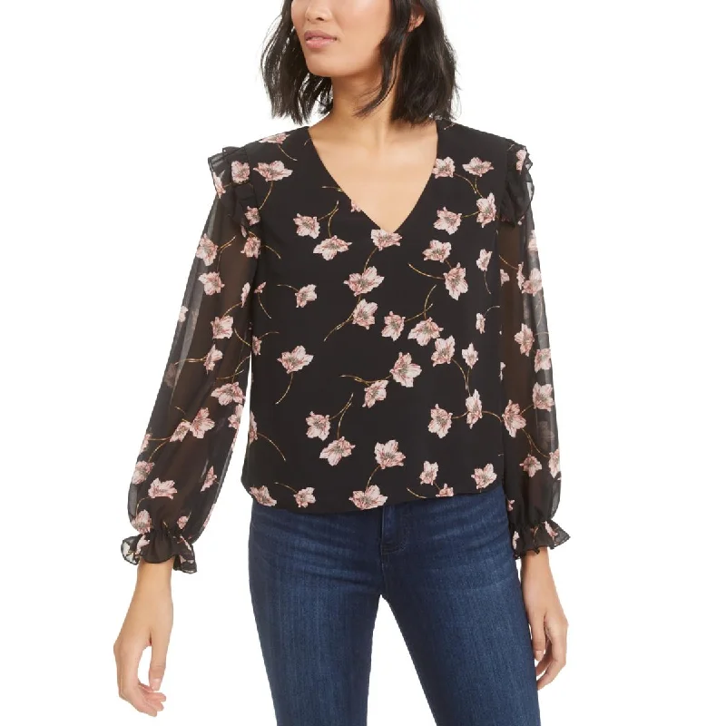Bar III Womens Floral Print Ruffle Sleeve Blouse High Neck Blouse