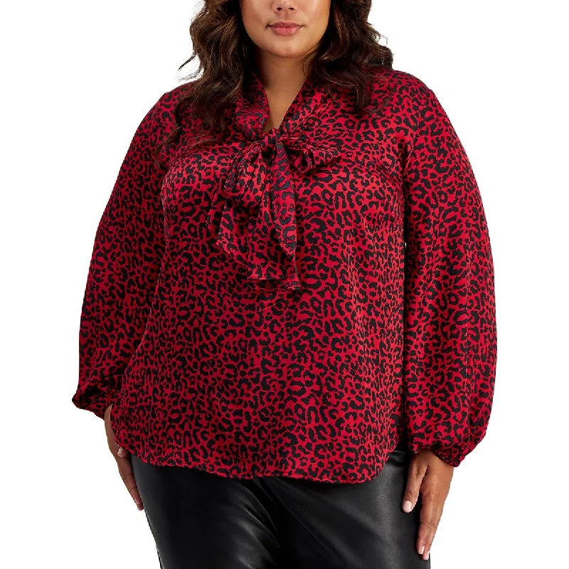 Bar III Womens Plus Tie Neck Animal Print Blouse Peter Pan Collar Blouse