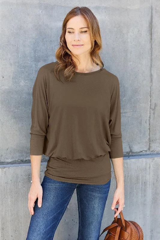 Basic Bae Full Size Round Neck Batwing Sleeve Blouse Bell Sleeve Blouse