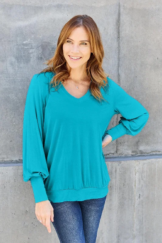 Basic Bae Full Size V-Neck Lantern Sleeve Blouse Lightweight Linen Blouse
