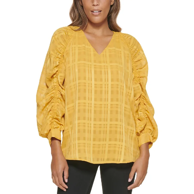 Calvin Klein Womens Gathered Sleeves Plaid Blouse Feminine Ruffle Blouse