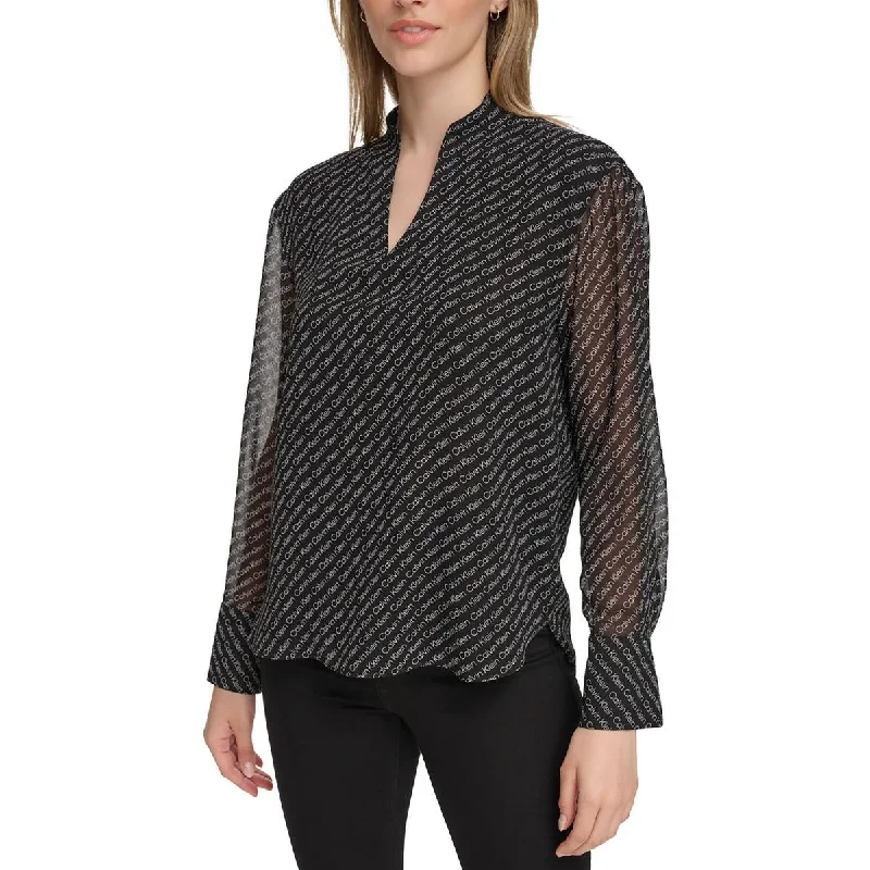 Calvin Klein Womens Logo Split Neck Blouse Embroidered Cotton Blouse