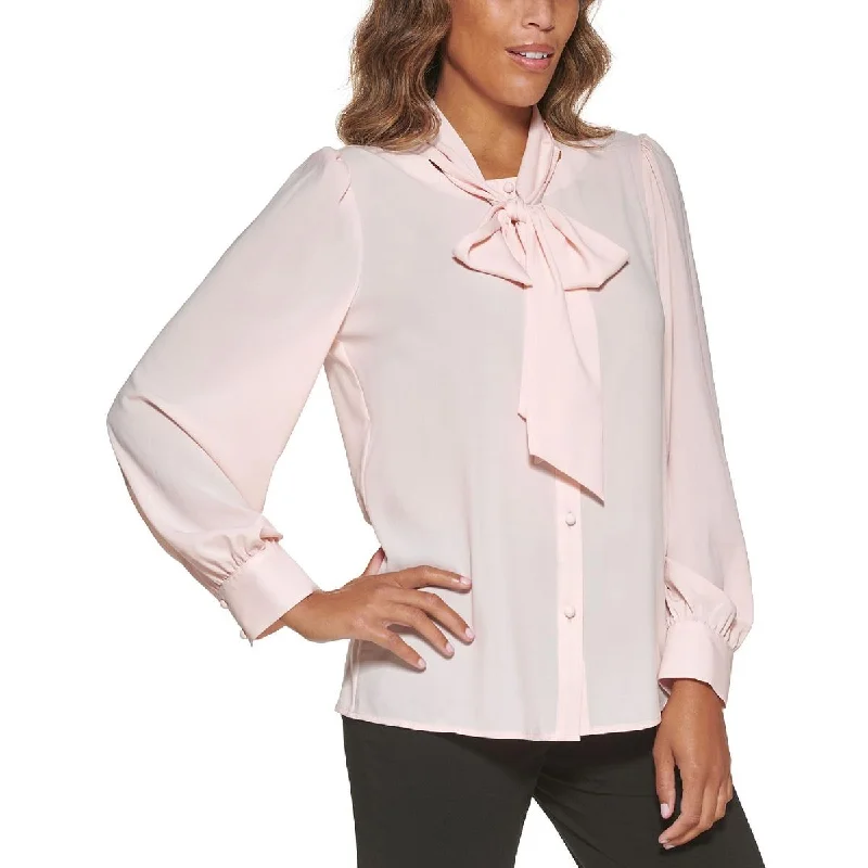 Calvin Klein Womens Petites Chiffon Tie Neck Blouse Feminine Pastel Blouse
