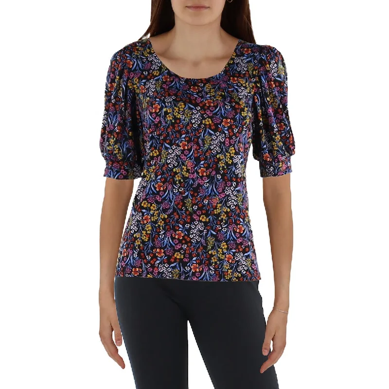 CeCe Womens Scoop Neck Floral Blouse Sheer Sleeve Blouse