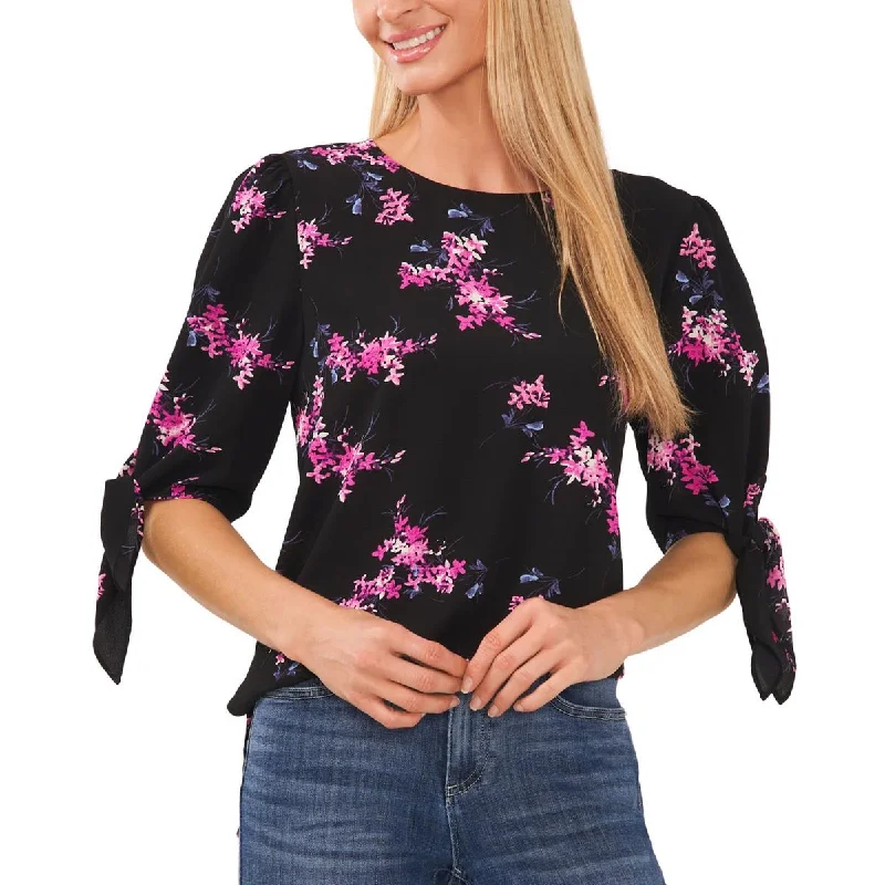 CeCe Womens Tie Sleeve Floral Print Blouse Classic White Blouse