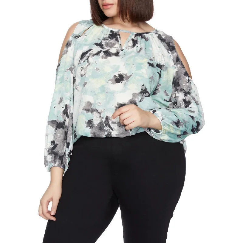 Cooper & Ella Womens Plus Printed Cold Shoulder Blouse Vintage Polka Blouse