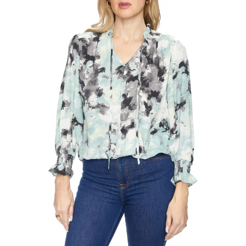 Cooper & Ella Womens Ruffled Smocked Cuff Blouse Sheer Mesh Blouse