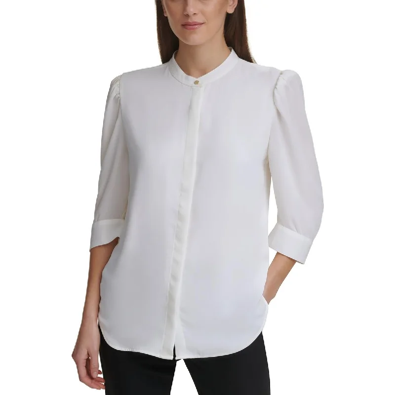 DKNY Womens Button Down Work Day Wear Blouse Feminine Puff Blouse