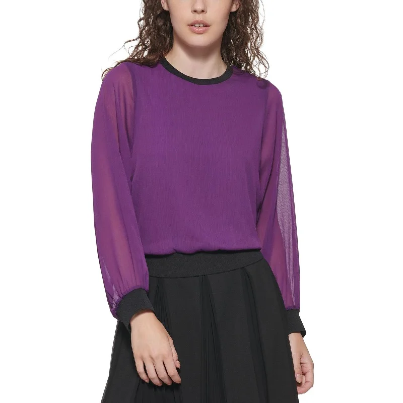 DKNY Womens Crewneck Sheer Blouse Satin Bow Blouse