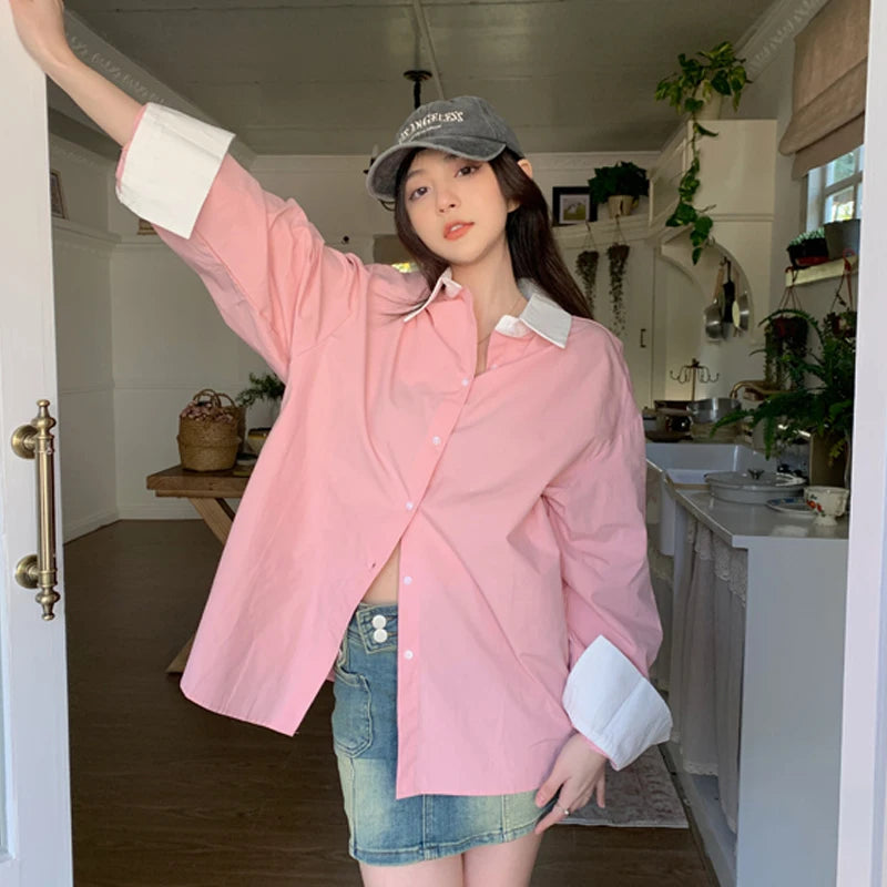 Women Korean Loose Contrast Color Long Sleeve Blouses Polished Work Blouse