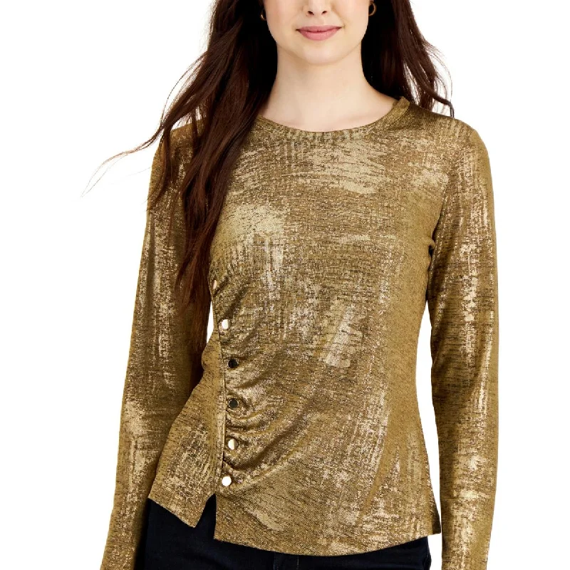 Fever Womens Metallic Ruched Blouse Casual Stripe Blouse
