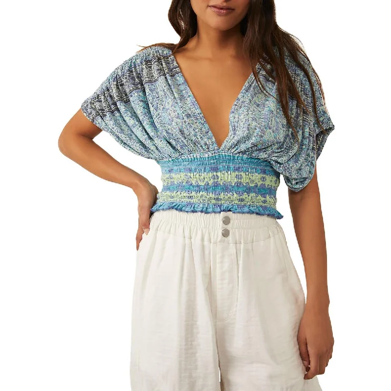Free People Womens Smocked V-Neck Blouse Asymmetric Hem Blouse