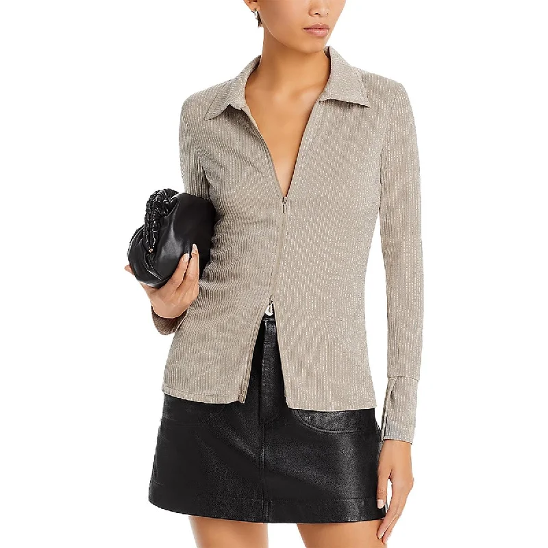 French Connection Womens Paula Knit Metallic Blouse Oversized Silk Blouse