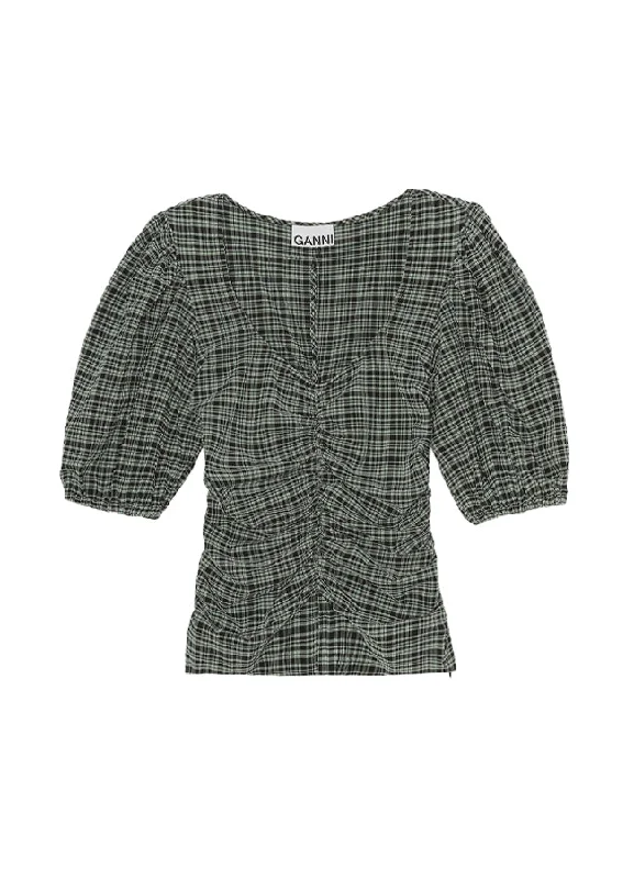 Ganni Stretch Seersucker U-Neck Gathered Blouse Polished Work Blouse