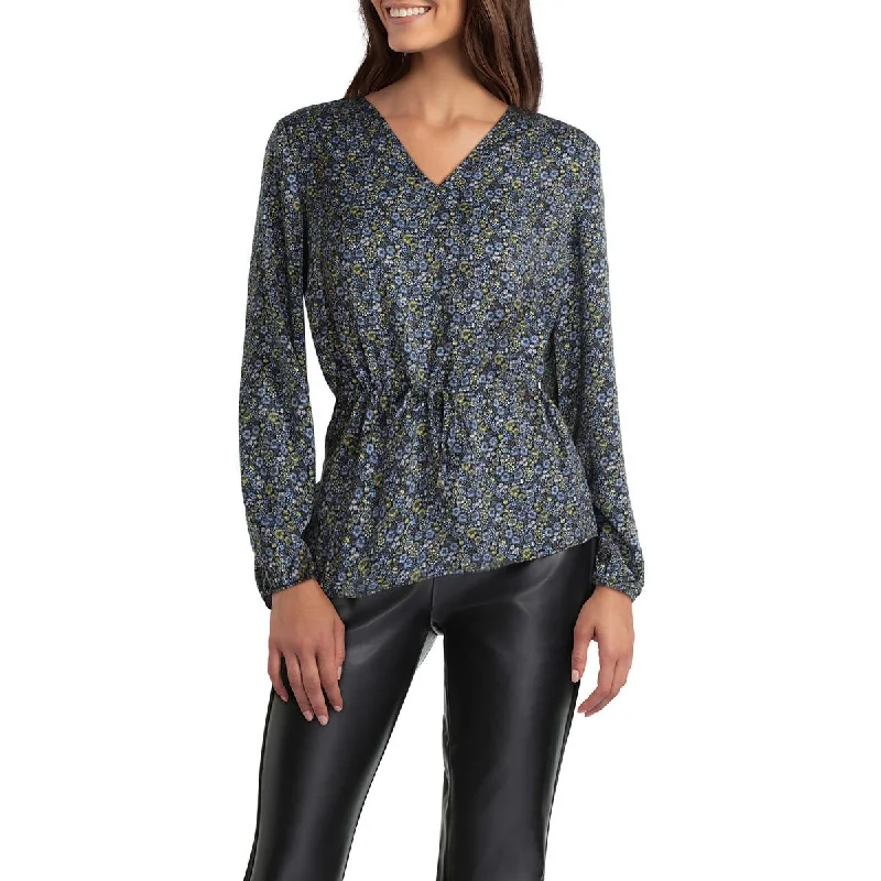Gigi Parker Womens Floral V Neck Blouse Asymmetric Hem Blouse