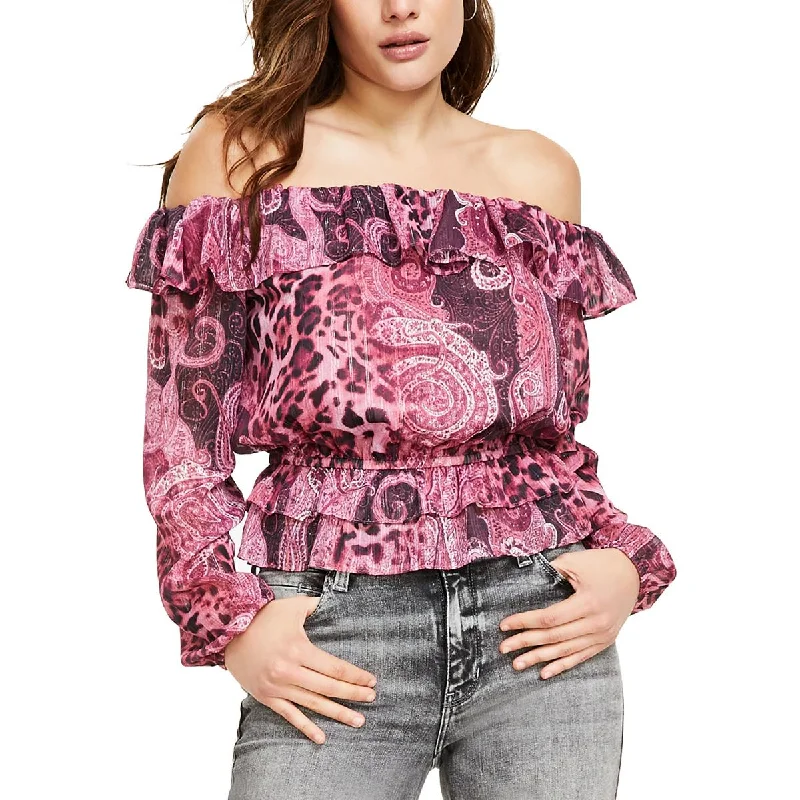 Guess Womens Lucy Printed Off-The-Shoulder Blouse Feminine Satin Blouse