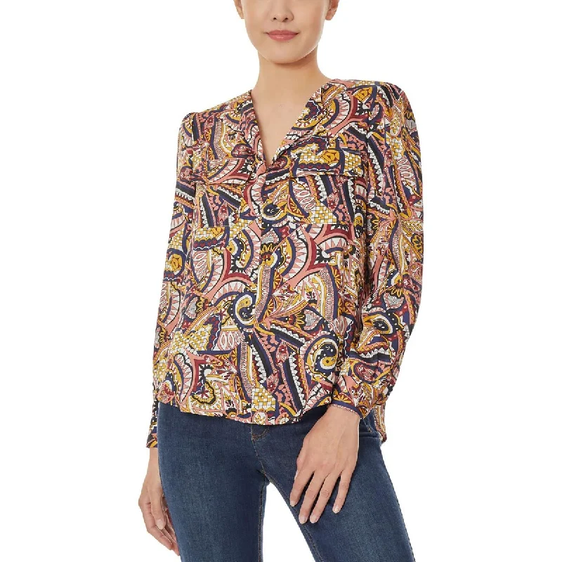 Jones New York Womens Satin V Neck Blouse Feminine Ruffle Blouse