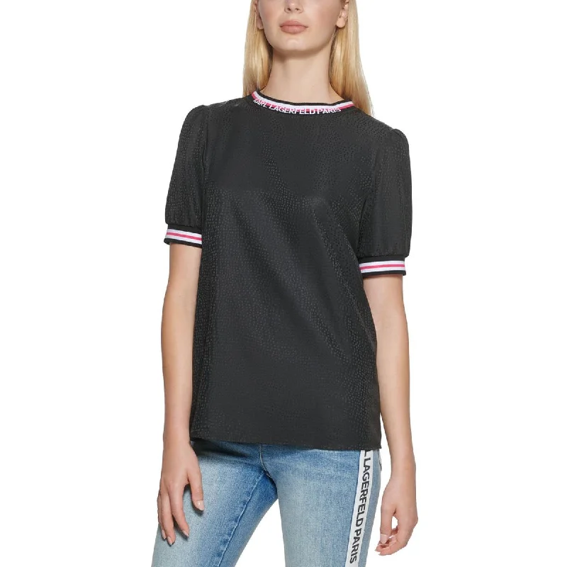 Karl Lagerfeld Paris Womens Jacquared Striped Blouse Off-Shoulder Wrap Blouse