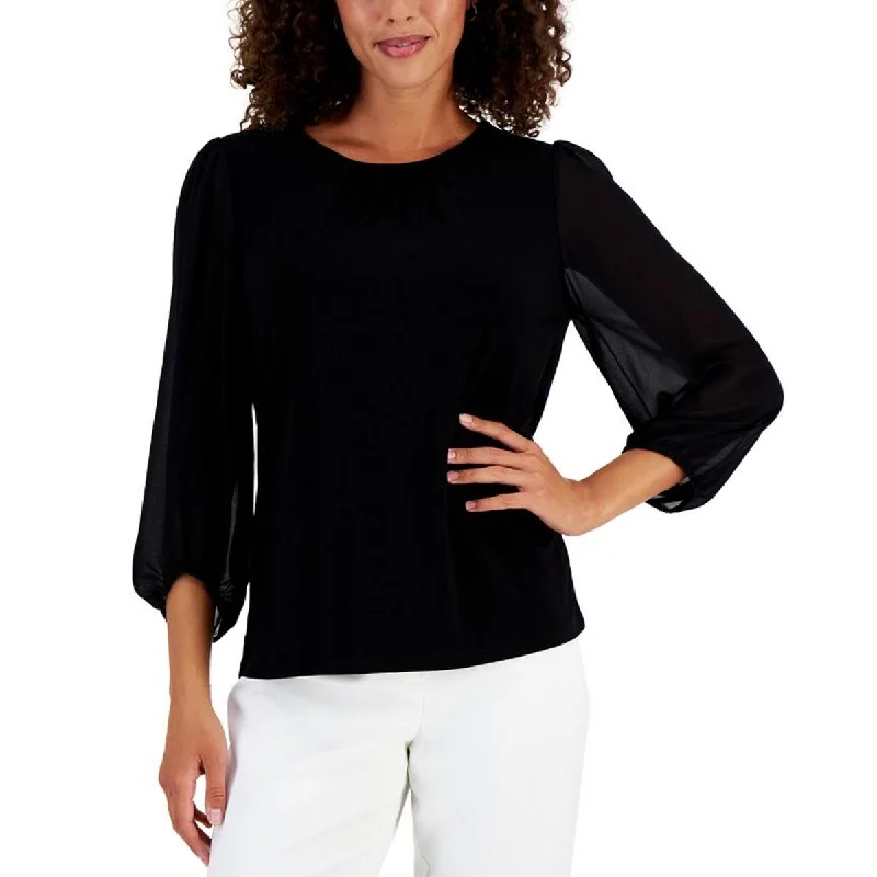 Kasper Womens Petites Crewneck Three Quarter Sleee Blouse Satin Long Blouse