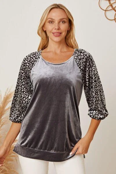 Leopard Round Neck Half Sleeve Blouse Lightweight Floral Blouse