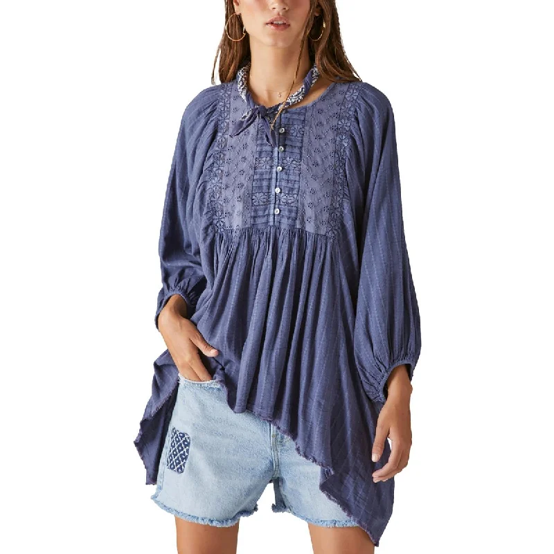Lucky Brand Womens Lace Yoke Relaxed Fit Blouse Soft Knit Blouse