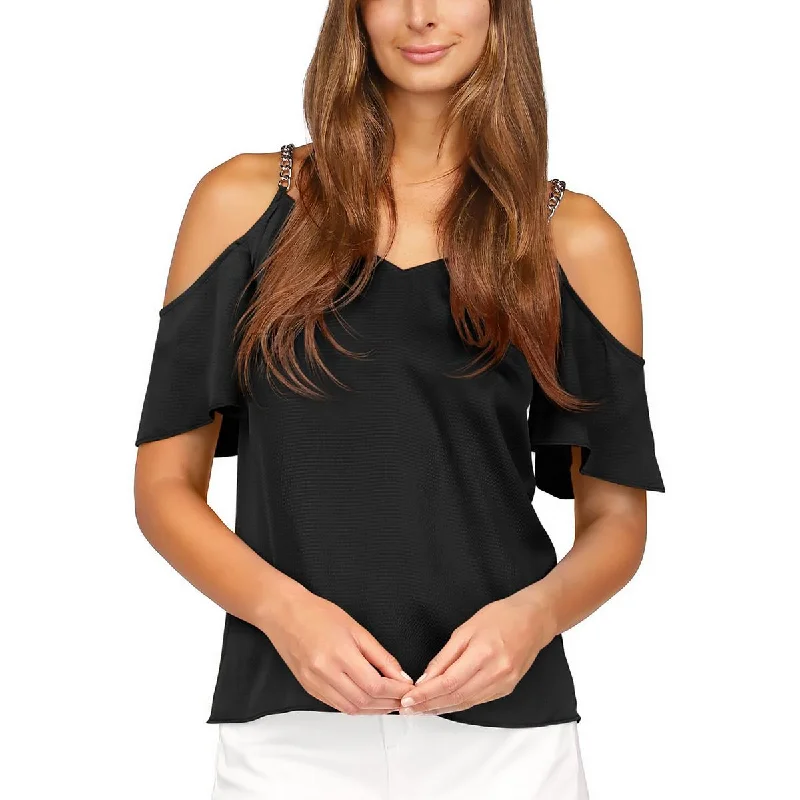 Michael Kors Womens Petites Chain Trim V-Neck Blouse Boho Chic Blouse
