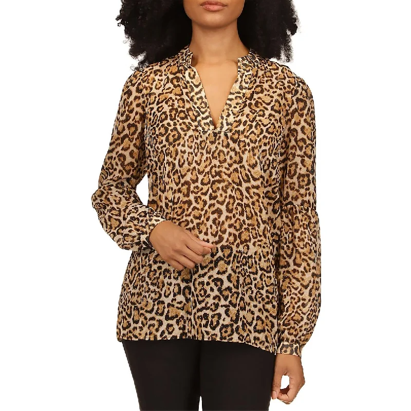 MICHAEL Michael Kors Womens Animal Print Embellished Blouse Silky Tunic Blouse