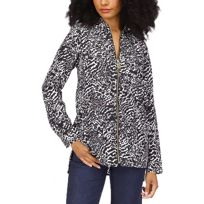 MICHAEL Michael Kors Womens Petites Animal Print Collared Blouse Classic White Blouse