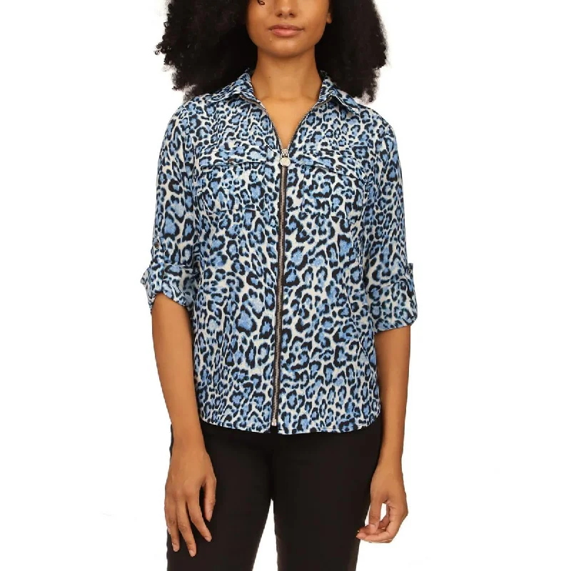 MICHAEL Michael Kors Womens Petites Animal Print Collared Blouse Casual Relaxed Fit Blouse