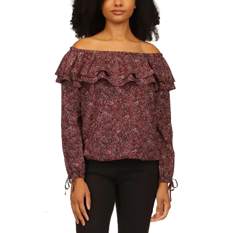MICHAEL Michael Kors Womens Petites Banded Bottom Ruffled Blouse Sheer Sleeve Blouse