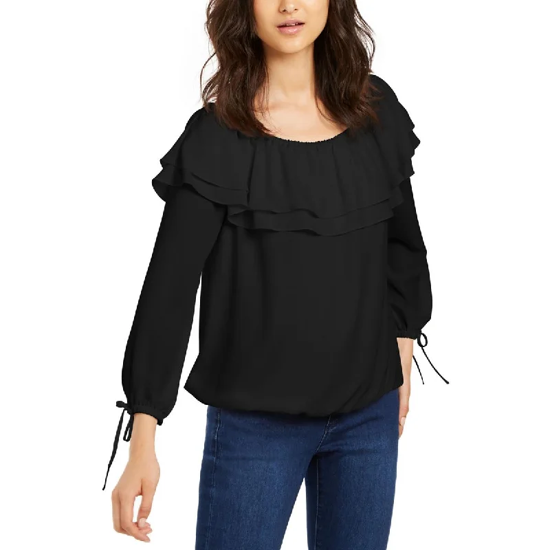 MICHAEL Michael Kors Womens Petites Ruffled Peasant Blouse Mandarin Collar Blouse