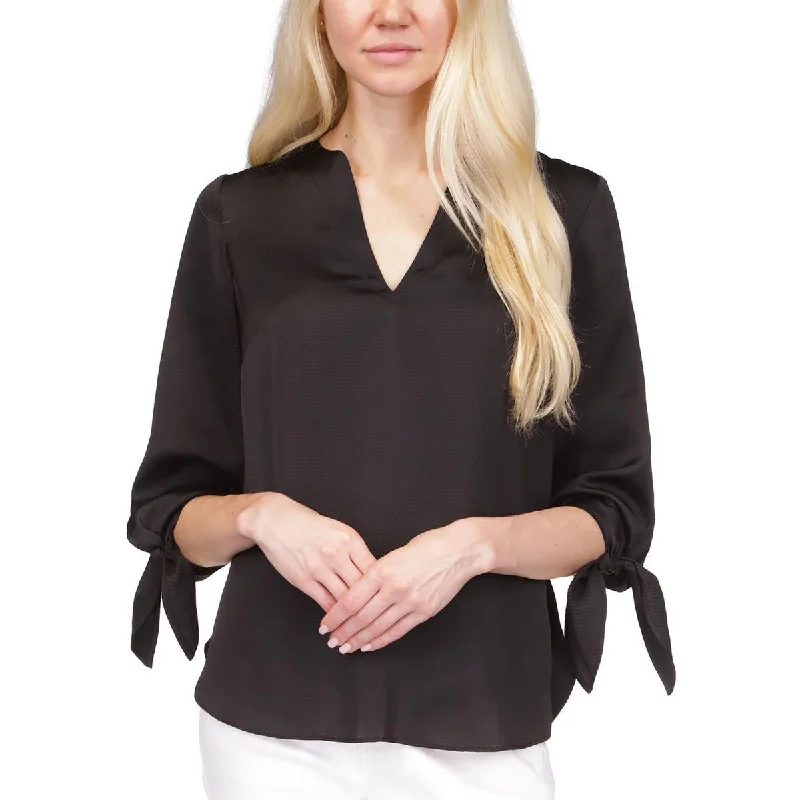 MICHAEL Michael Kors Womens Petites Satin Split Neck Blouse Frilled Cuff Blouse