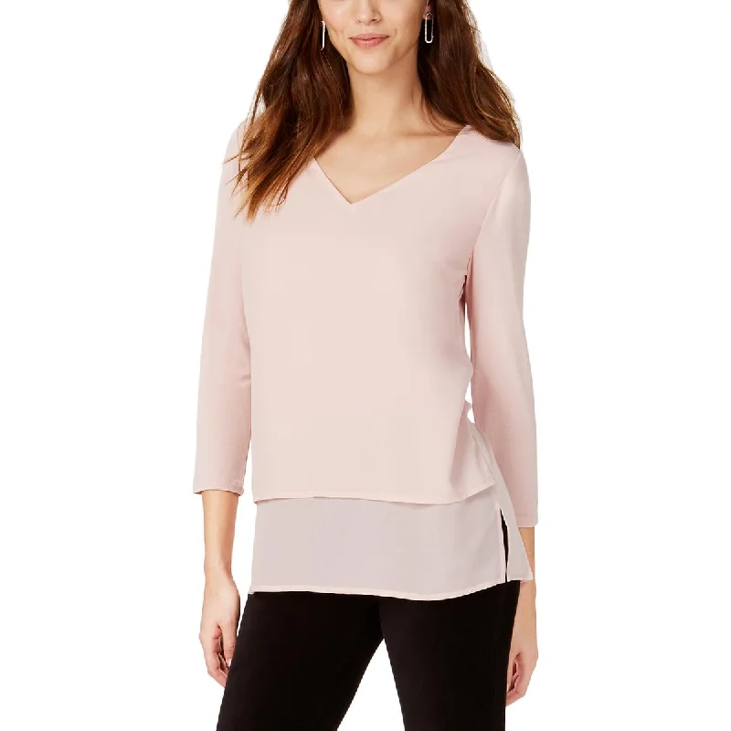 MICHAEL Michael Kors Womens Petites Tiered V-Neck Blouse Ruched Sleeve Blouse