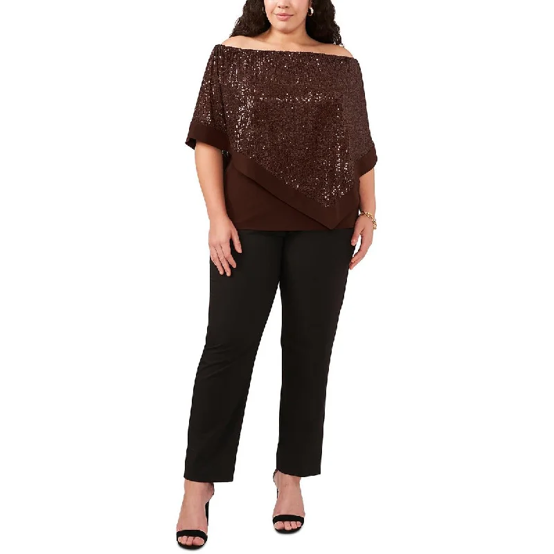 MSK Womens Plus Cape Sequined Blouse Chic Sleeveless Blouse