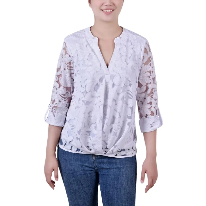 NY Collection Womens Petites Burnout Split Neck Blouse Casual Stripe Blouse