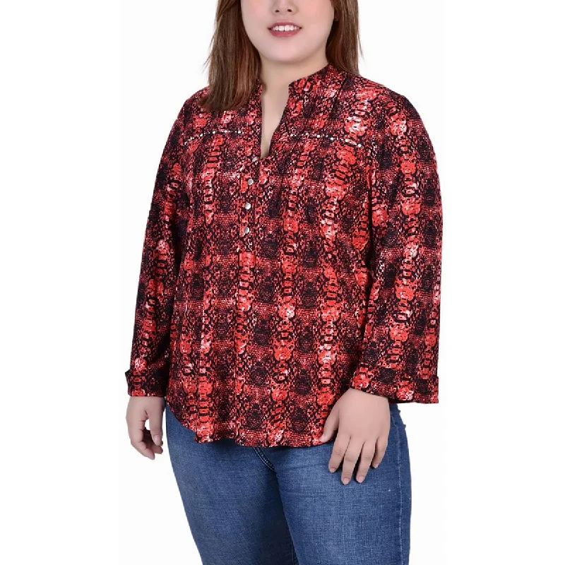 NY Collection Womens Plus Beaded V Neck Blouse Elegant Office Blouse