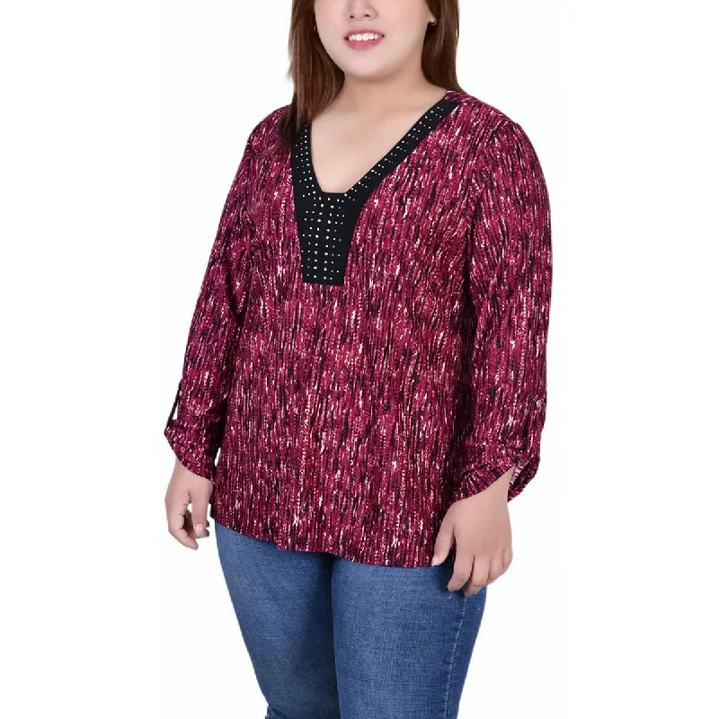 NY Collection Womens Plus Printed V Neck Blouse Satin Long Blouse