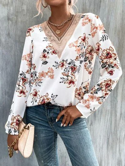 Printed V-Neck Long Sleeve Blouse Smart Business Blouse