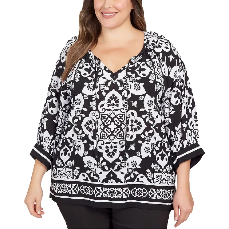 Ruby Rd. Womens Plus Floral Print V-Neck Blouse Wrap Front Blouse