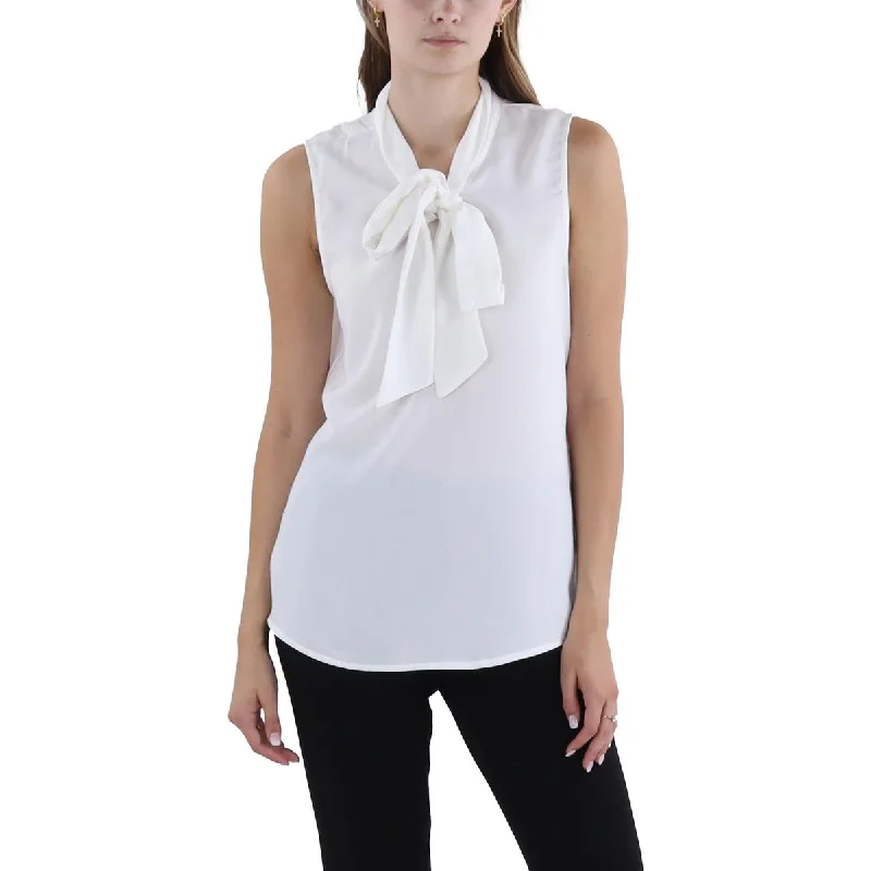 Tahari ASL Womens Tie Neck Solid Blouse Modern Oversized Blouse