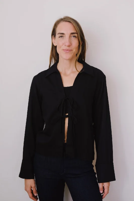 tie blouse - kaluz - black Classic Striped Blouse
