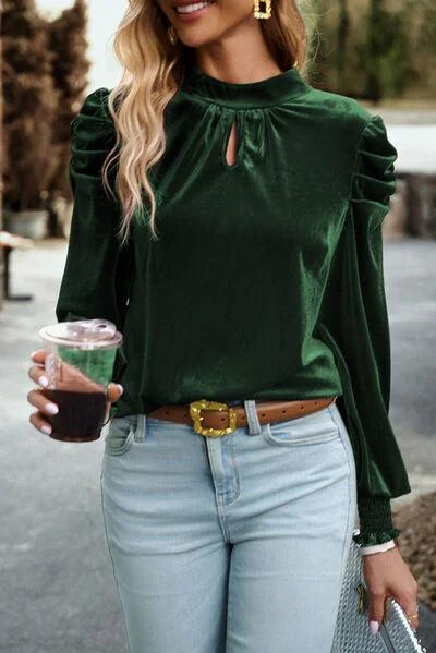 Tie Up Mock Neck Velvet Fabric Long Sleeve Blouse Collared Satin Blouse