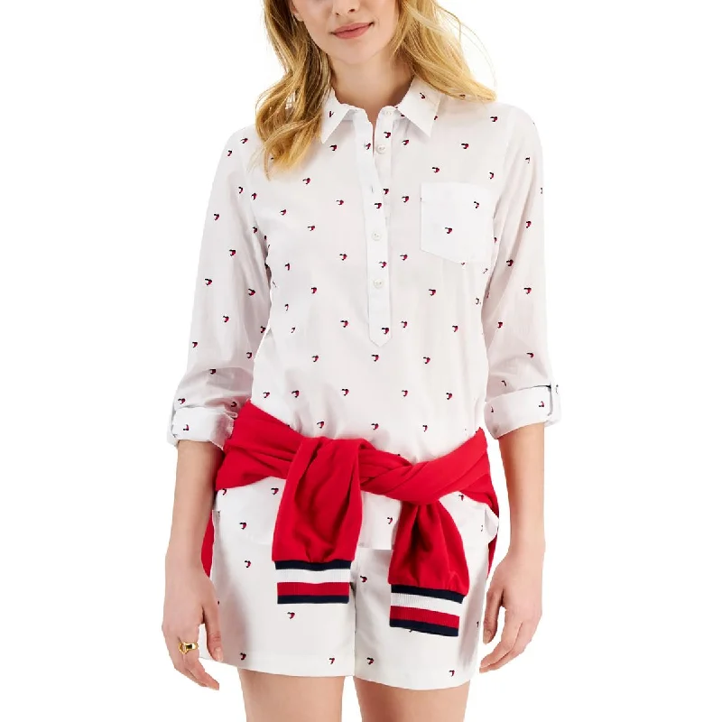 Tommy Hilfiger Womens Cotton Logo Blouse Feminine Puff Blouse